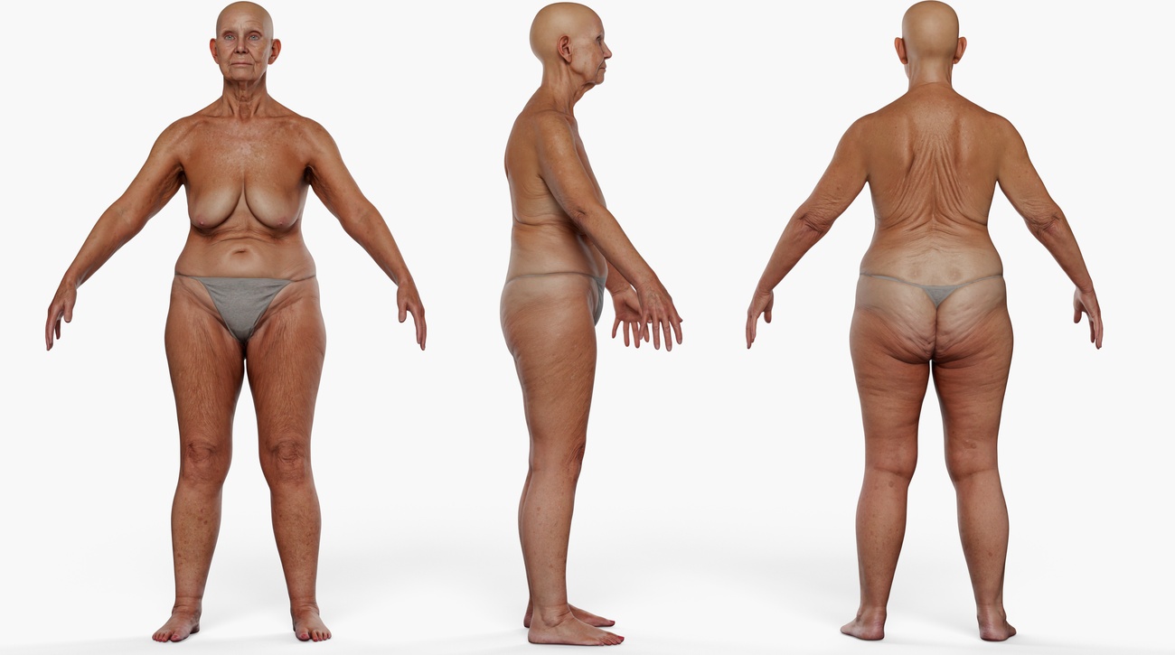 Full body 3D scan of a fuller-figured older female with mature weathered skin, retopologised quad mesh render